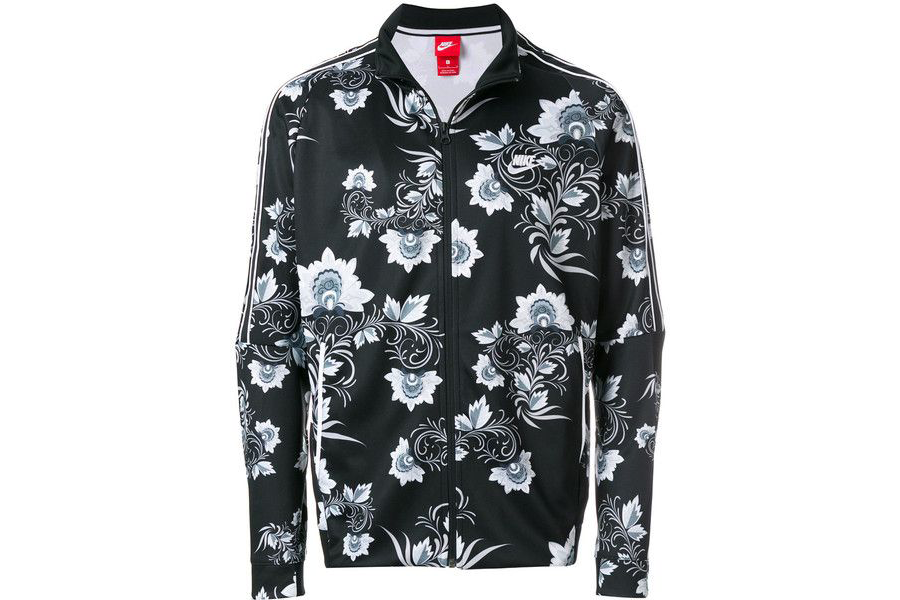 Black long-sleeve track shirt with floral prints