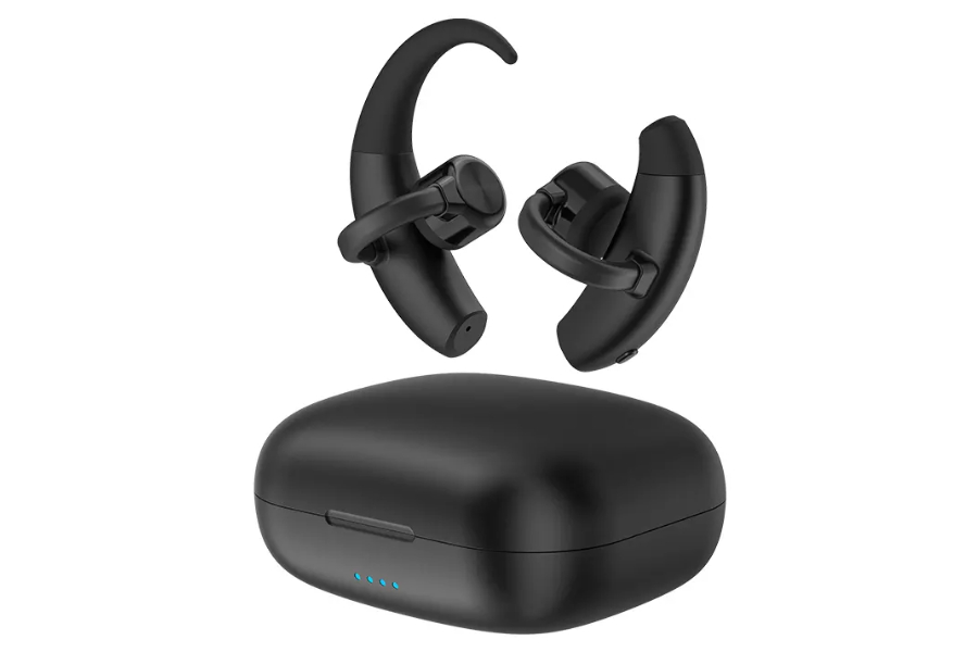 bone conduction headphones that don’t have a wire attaching them floating above the square charging case