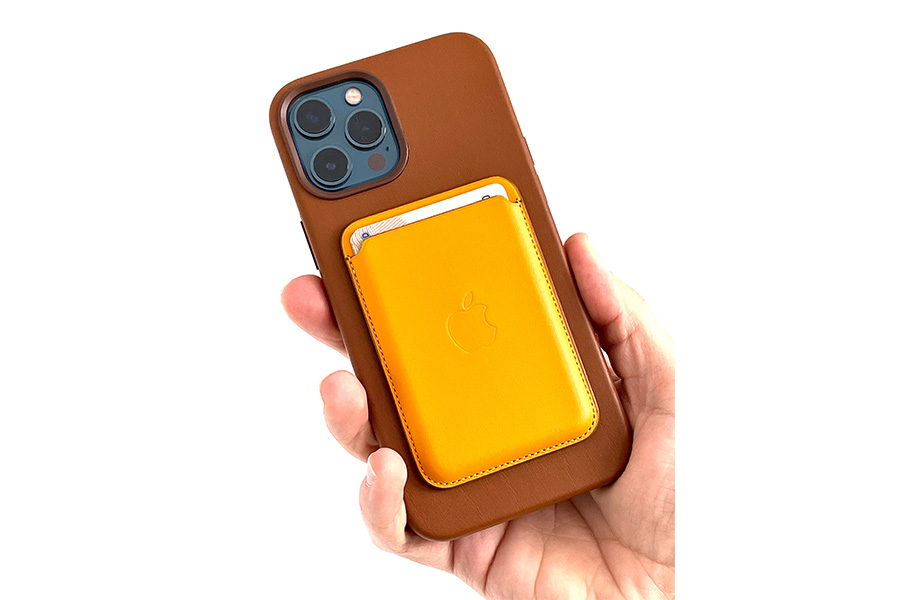 Brown case with yellow card holder attached