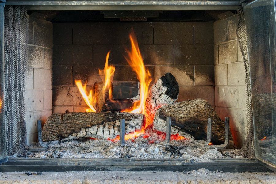 Built-in vintage wood-burning fireplace