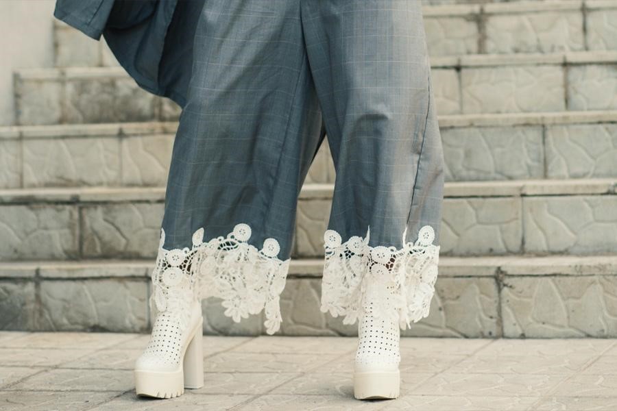 Gray wide leg trousers with white lace
