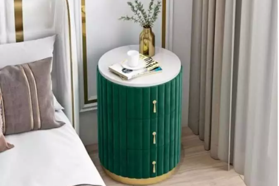 Green velvet round nightstand with white marble top