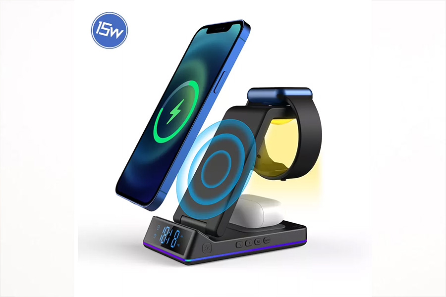 iPhone, smartwatch, and wireless headphones charging on a wireless stand