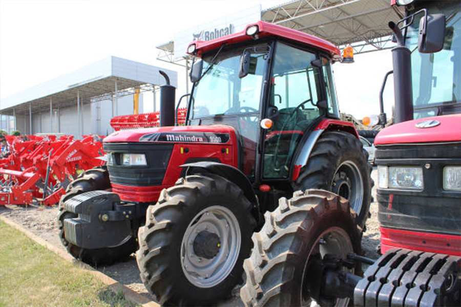 Mahindra farm tractors in an exposition