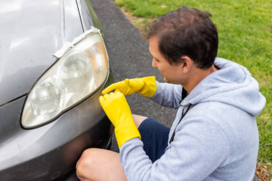 A man putting on gloves to clean dirty headlights