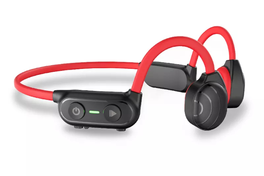 red and black bone conduction headphones with a control panel on each sit in front of a white background