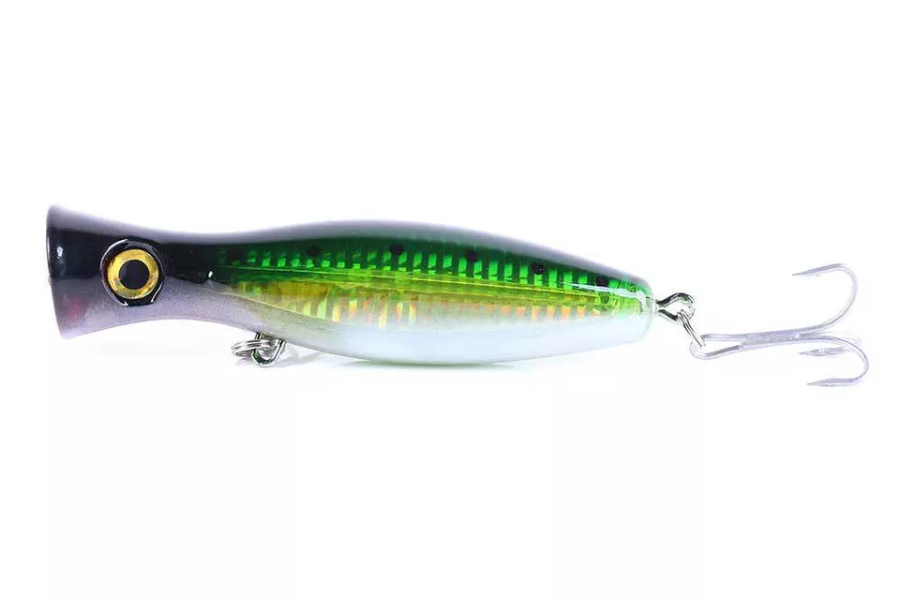 Small popper fishing lure with flat face and hooks
