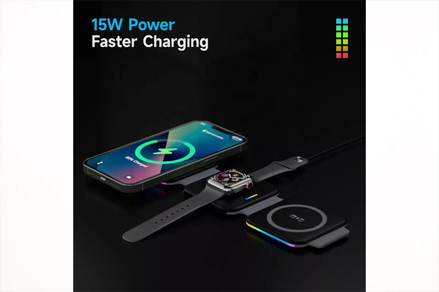 Smartphone and smartwatch charging on a wireless folding charging pad