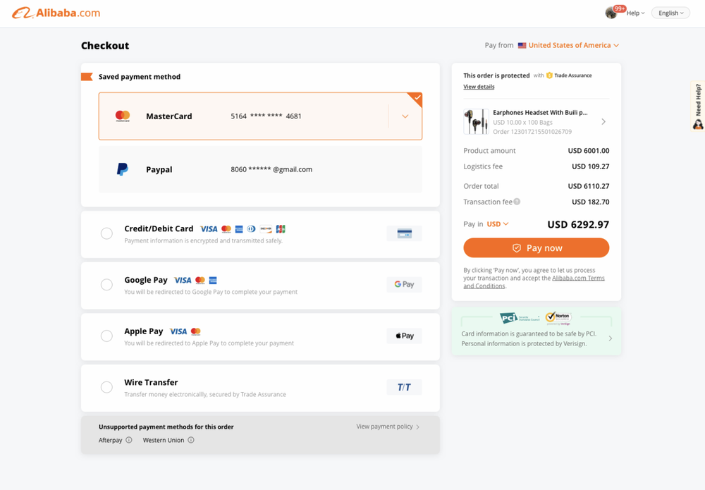 The payment screenshot on Alibaba.com