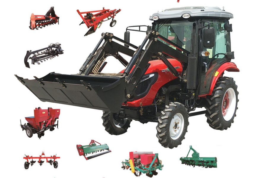 tracker fitted with a loader and examples of the wide range of alternative fittings possible