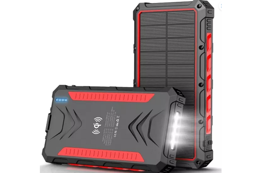 Two black and red solar-powered power banks