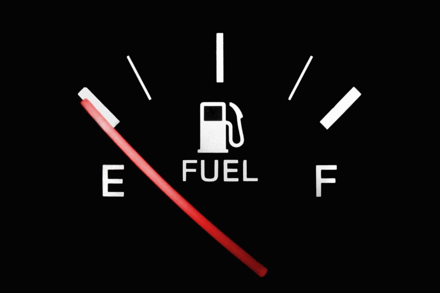 A vehicle fuel gauge reading empty