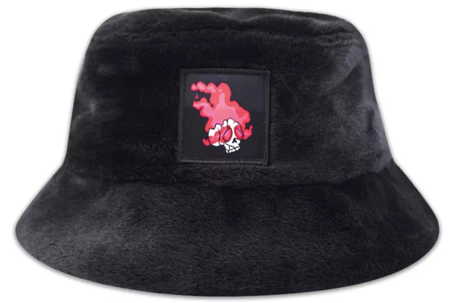 A warm fuzzy black bucket hat with logo in center