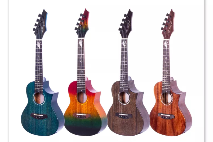 Row of colorful ukuleles with different patterns on them
